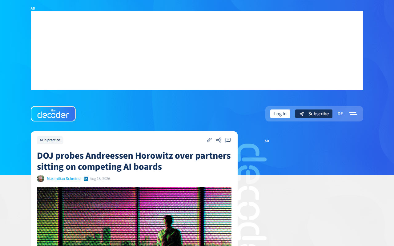 Screenshot of The Decoder's August 18 report on the DOJ antitrust probe into Andreessen Horowitz over competing AI board seats.