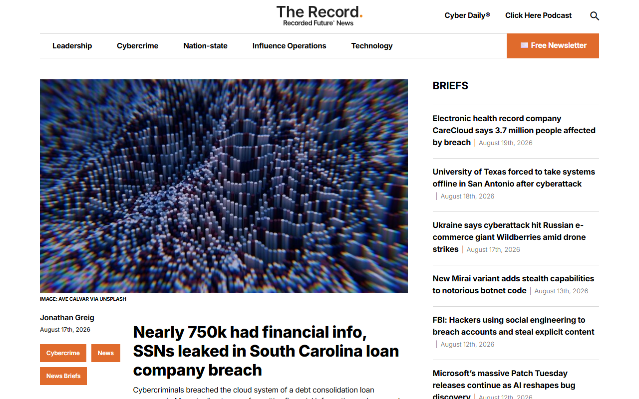Screenshot of The Record's report on a South Carolina loan company breach exposing 750,000 people's financial data and SSNs.