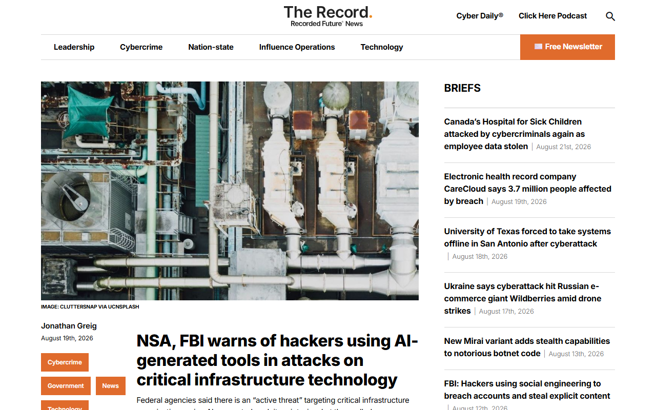 Screenshot of The Record's August 19, 2026 report on the NSA, FBI, and CISA advisory about AI-written exploit code targeting critical infrastructure.