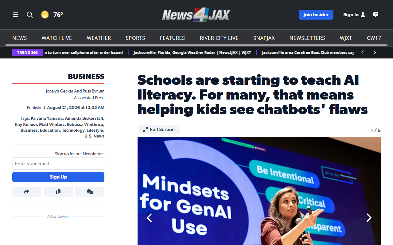 Screenshot of a News4Jax August 21, 2026 AP report on schools teaching AI literacy by showing students how chatbots fabricate facts.