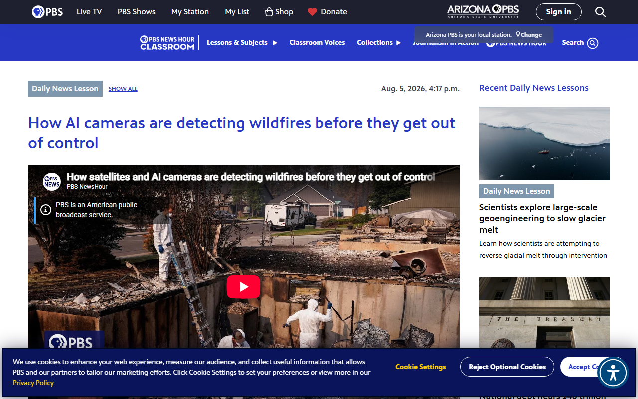 Screenshot of PBS NewsHour's August 4, 2026 segment on AI cameras and satellites detecting wildfires early.