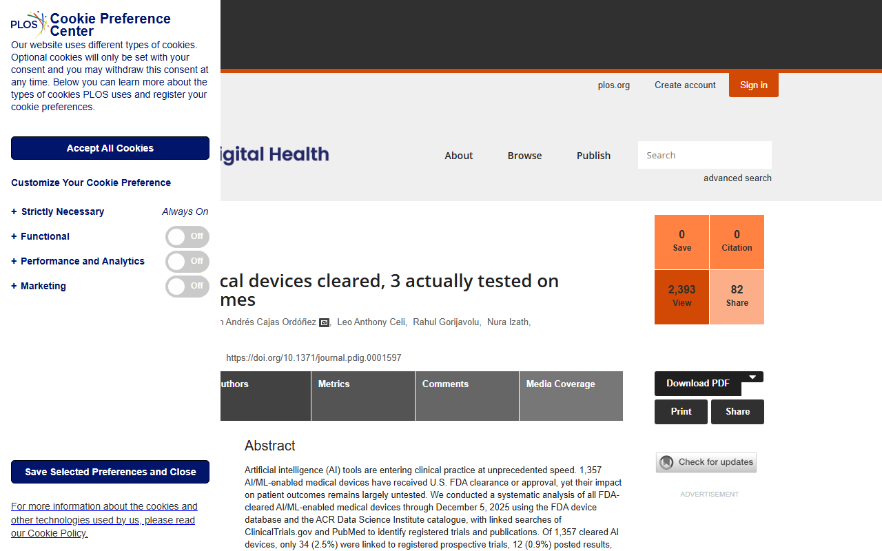 Screenshot of the PLOS Digital Health study on FDA-cleared AI medical devices and patient outcomes.