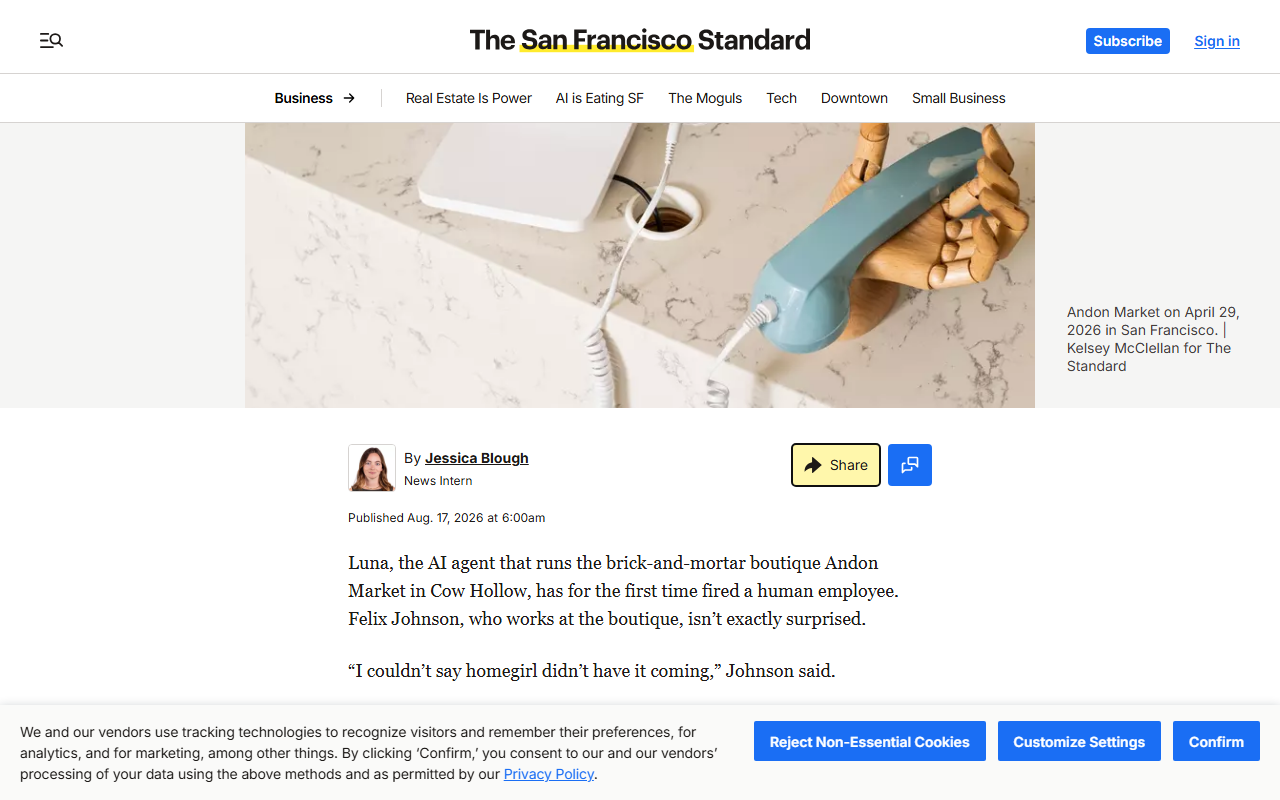 Screenshot of the SF Standard report on Andon Labs' Luna recommending its first employee firing.