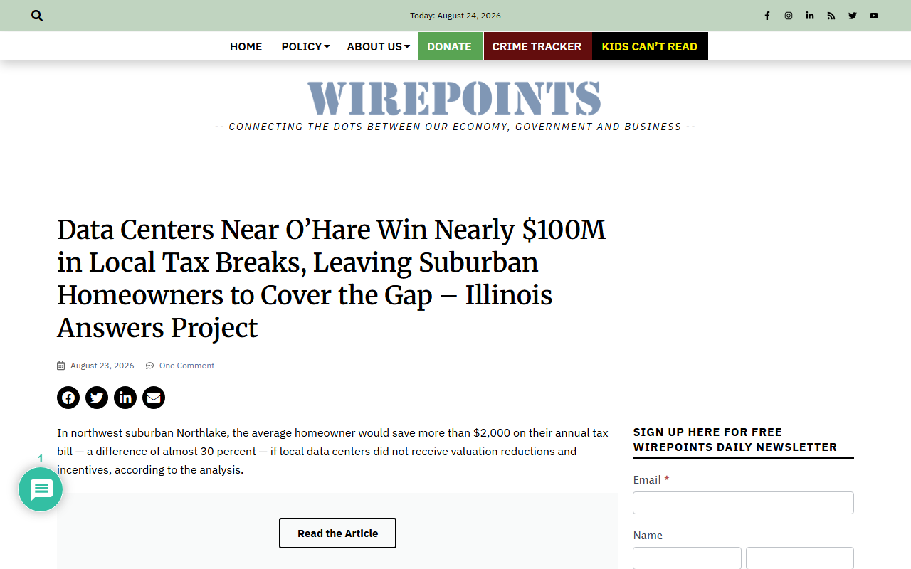 Screenshot of the Illinois Answers Project analysis of O'Hare-area data-center property-tax breaks.