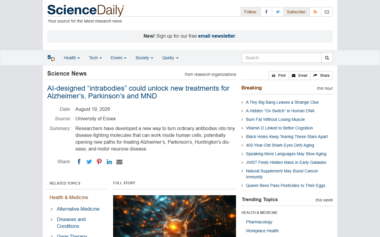 Screenshot of the ScienceDaily report on AI-designed intrabodies for neurodegenerative disease.