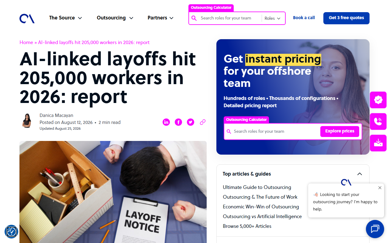 Screenshot of the Outsource Accelerator report on 205,000 AI-linked US job losses in 2026