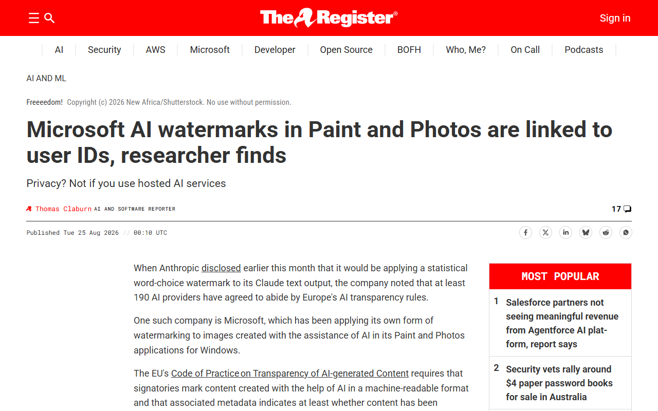 Screenshot of The Register's report on Microsoft Paint and Photos embedding a user-linked ID in AI images