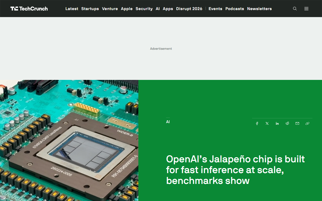 Screenshot of TechCrunch's report on OpenAI's Jalapeño inference chip benchmarks against Nvidia