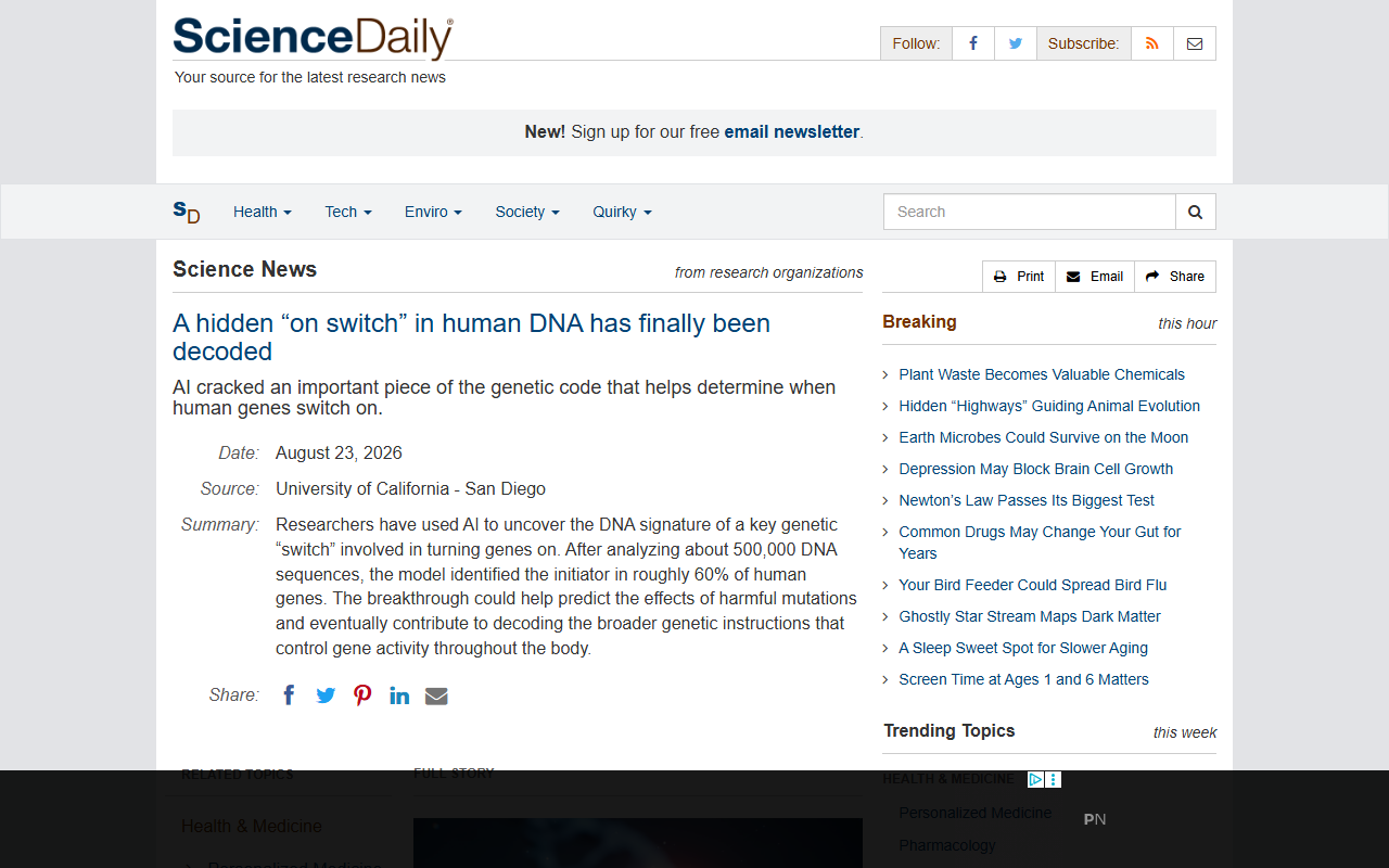 Screenshot of ScienceDaily's report on the UC San Diego AI decoding the gene initiator on-switch