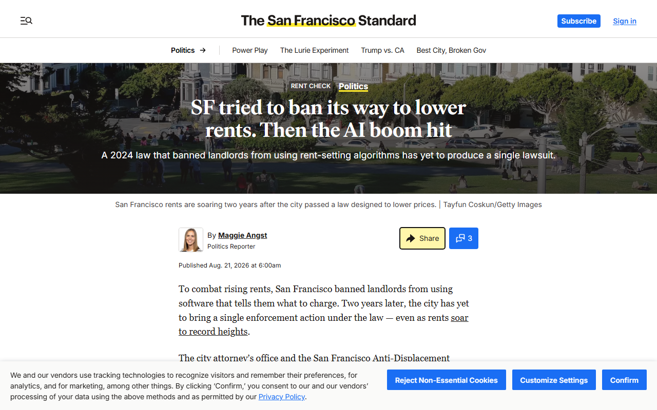 Screenshot of the SF Standard's August 21 report on San Francisco's unenforced RealPage rent-software ban