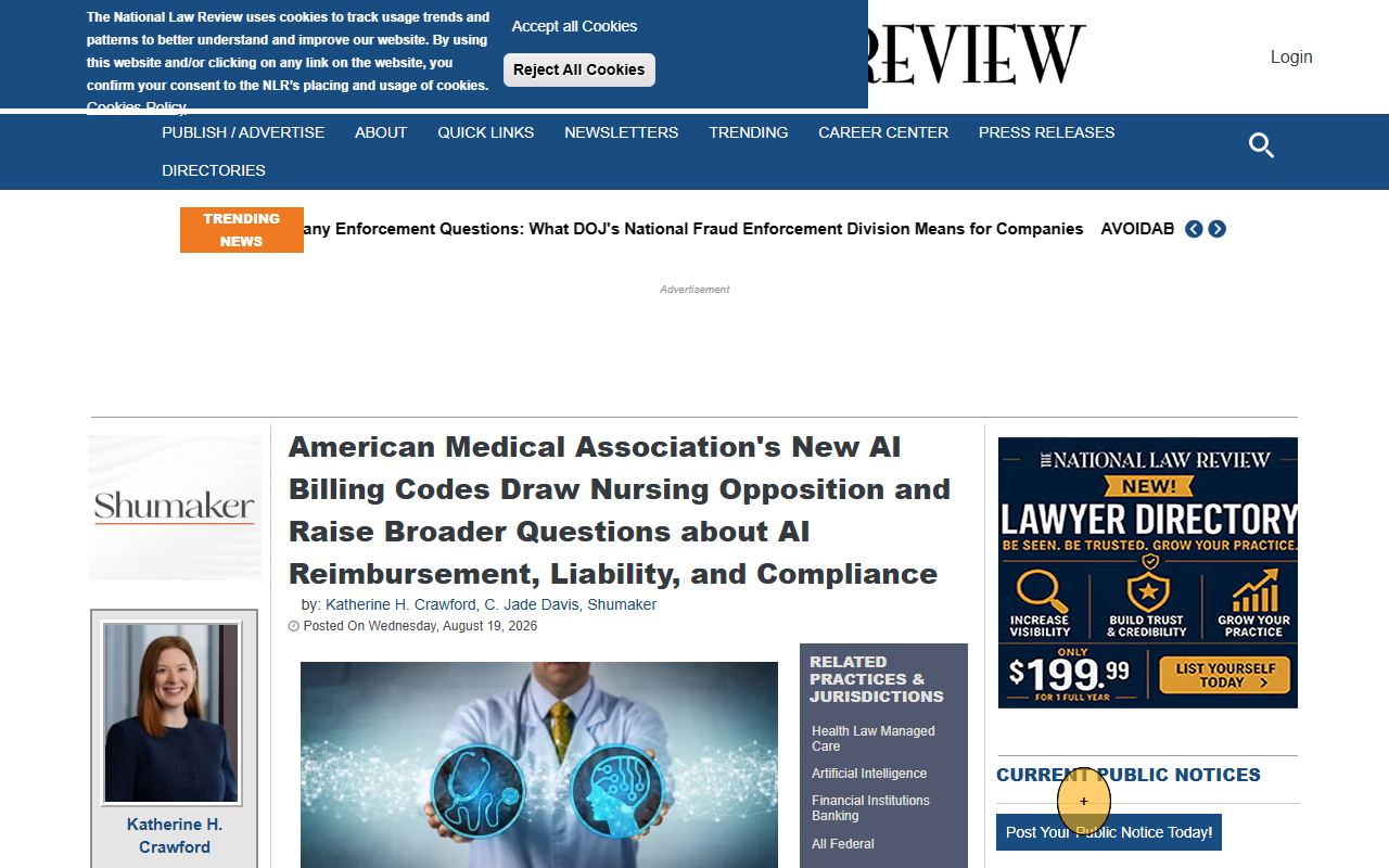 Screenshot of the National Law Review's analysis of the AMA's new AI billing codes and nursing opposition
