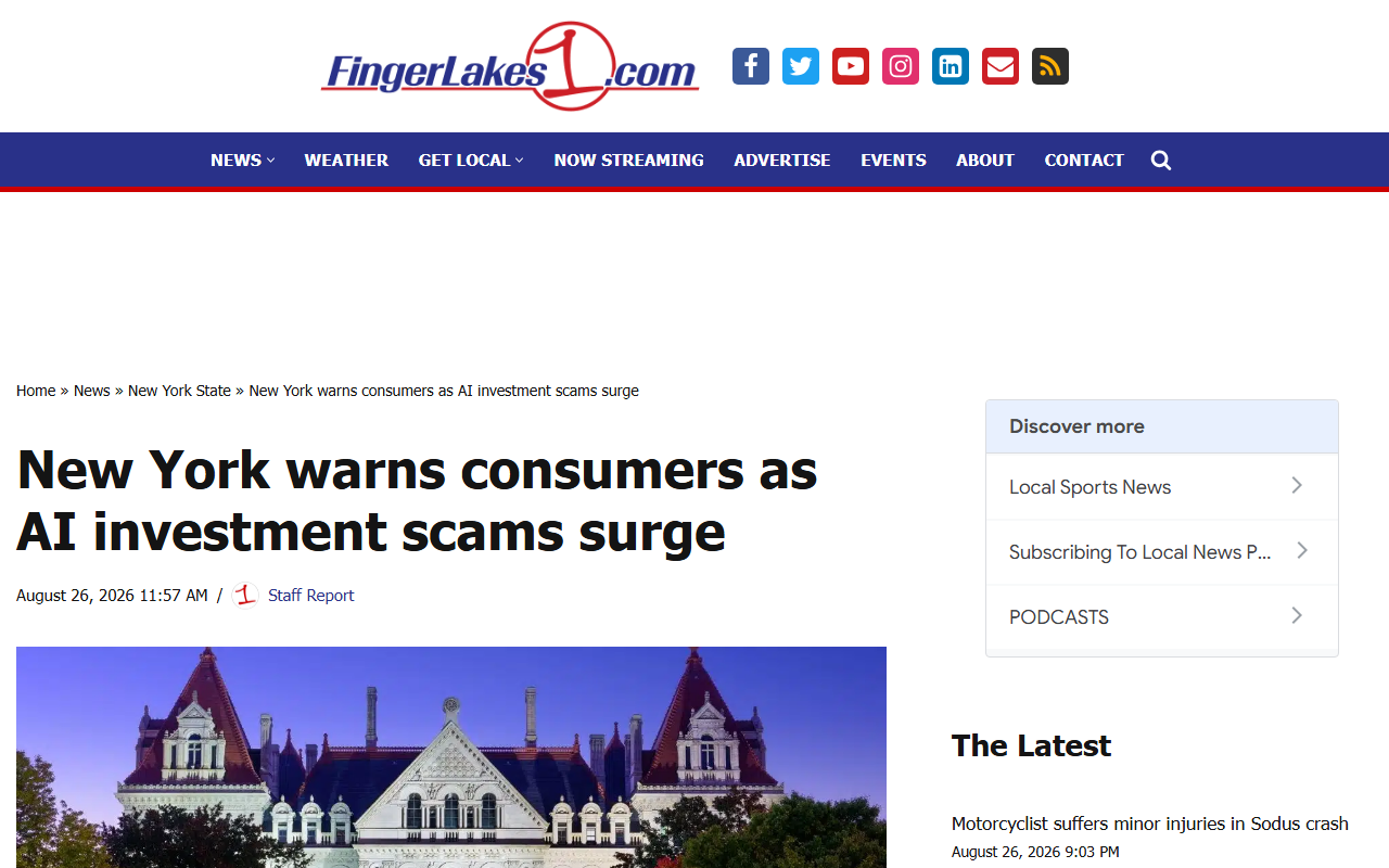 Screenshot of FingerLakes1's report on New York's warning about AI-driven investment scams