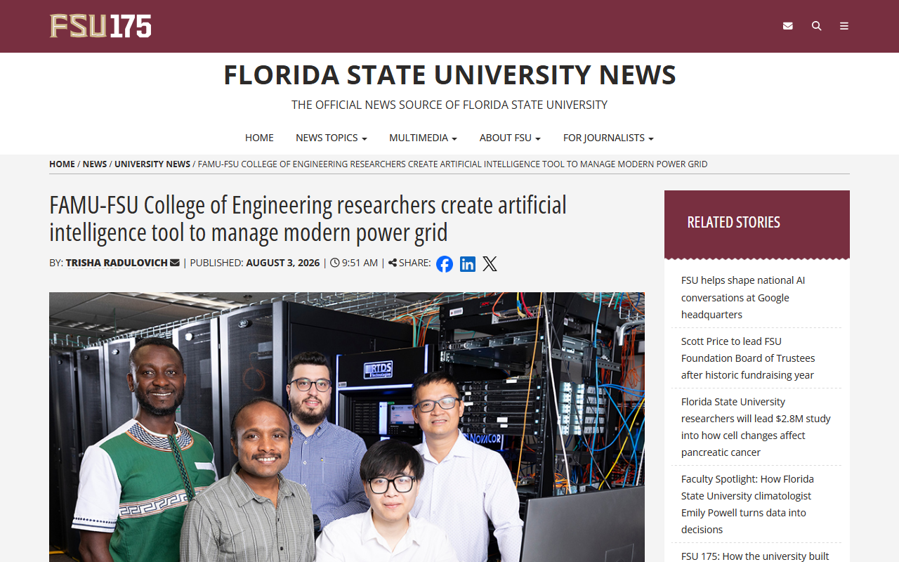 Screenshot of FSU News on the FAMU-FSU GridFusionX AI power-grid forecasting tool