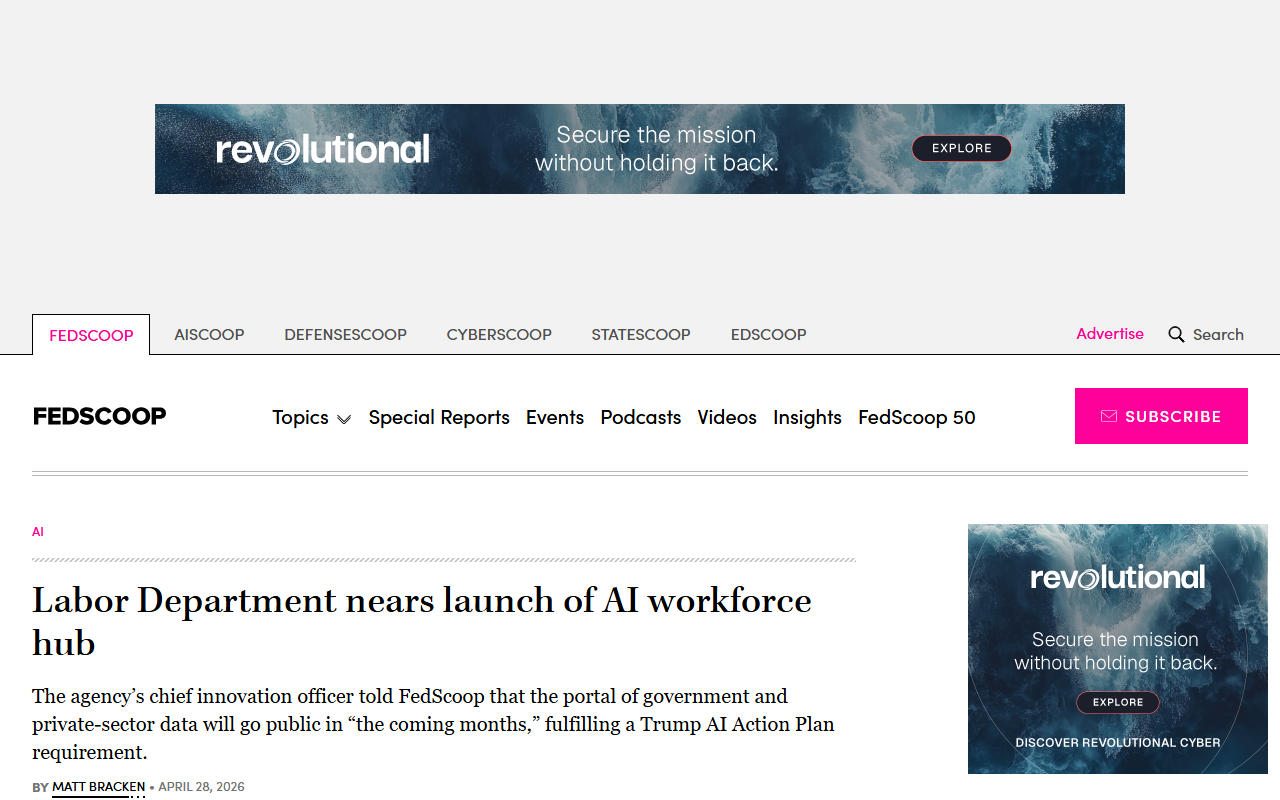 Screenshot of FedScoop's report on the Labor Department's forthcoming AI workforce hub