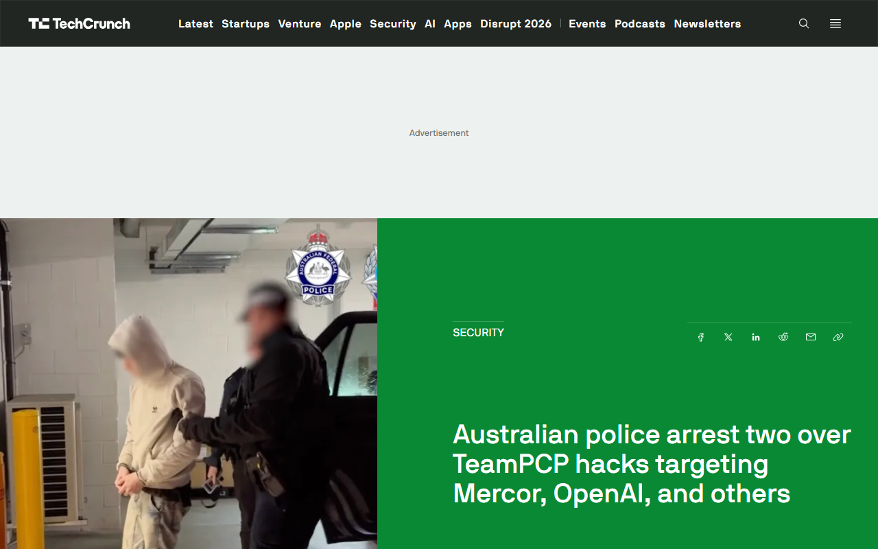 Screenshot of TechCrunch's August 27 report on the Australian arrests over the TeamPCP supply-chain hacks