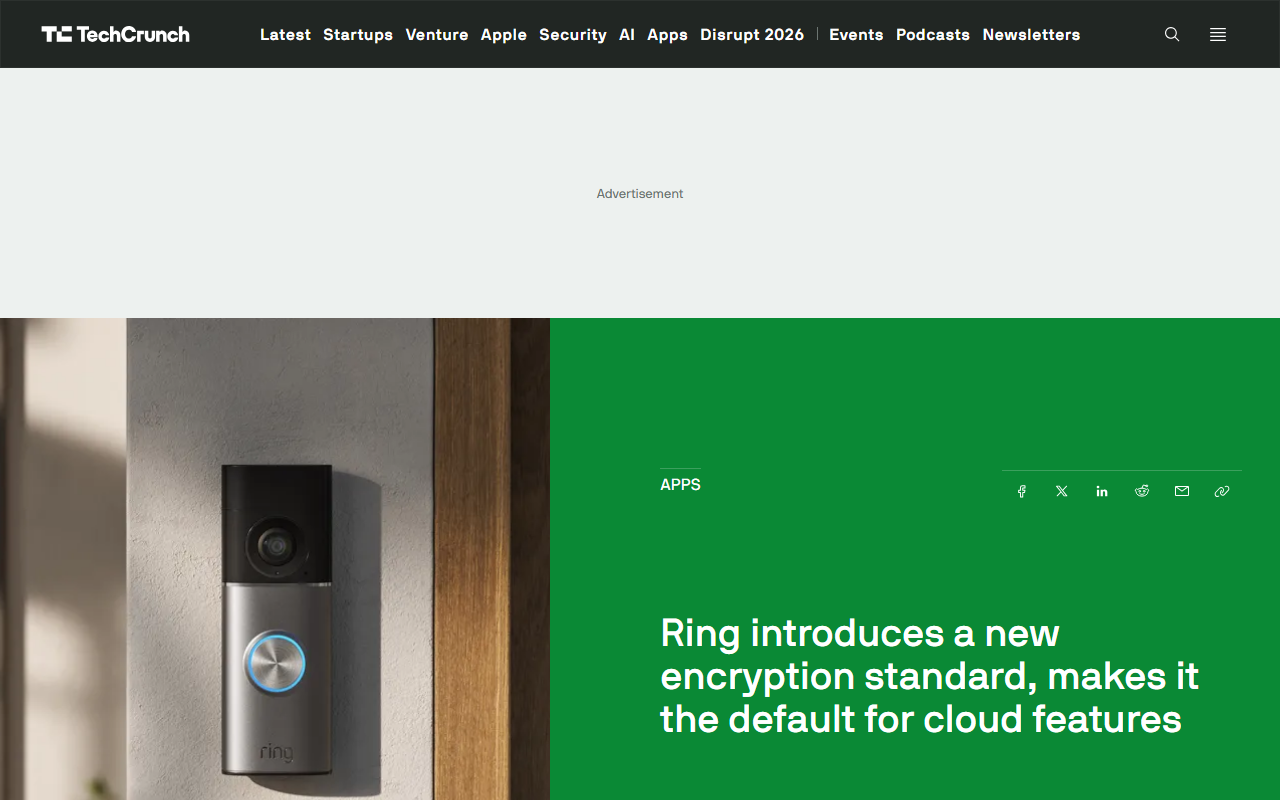Screenshot of TechCrunch's August 26 report on Ring making TAKE encryption the default for cloud features