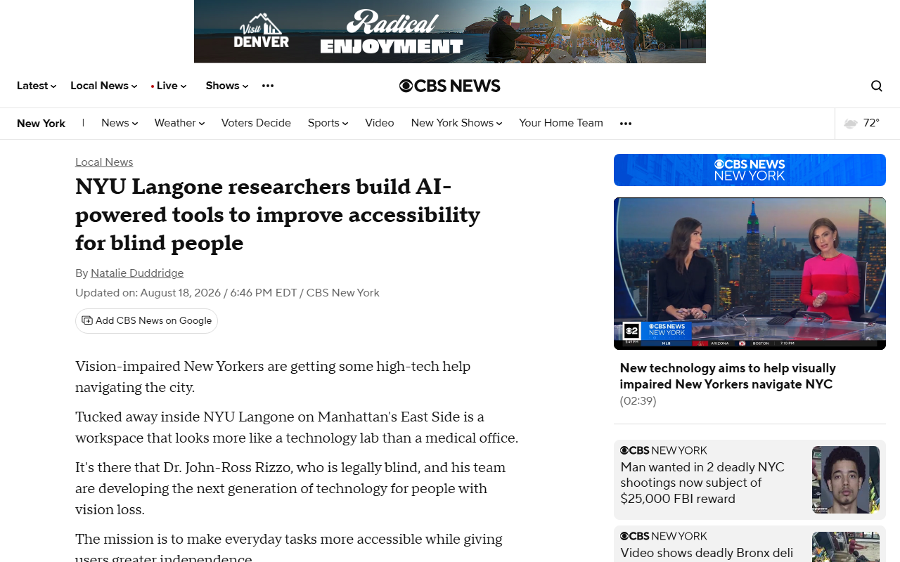 Screenshot of CBS New York's report on NYU Langone's AI navigation tools for blind and low-vision people