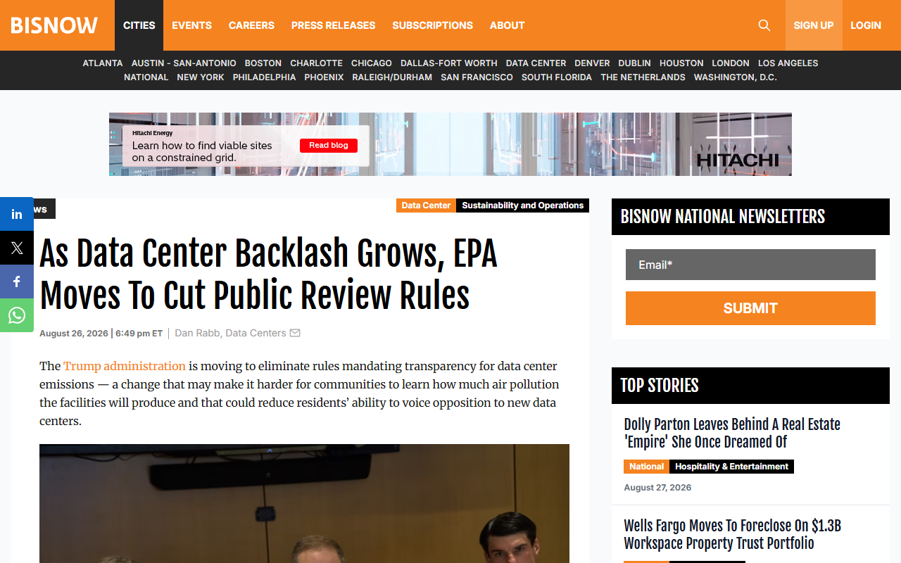 Screenshot of Bisnow's August 26, 2026 report on the EPA's proposed data-center air-permit transparency rollback