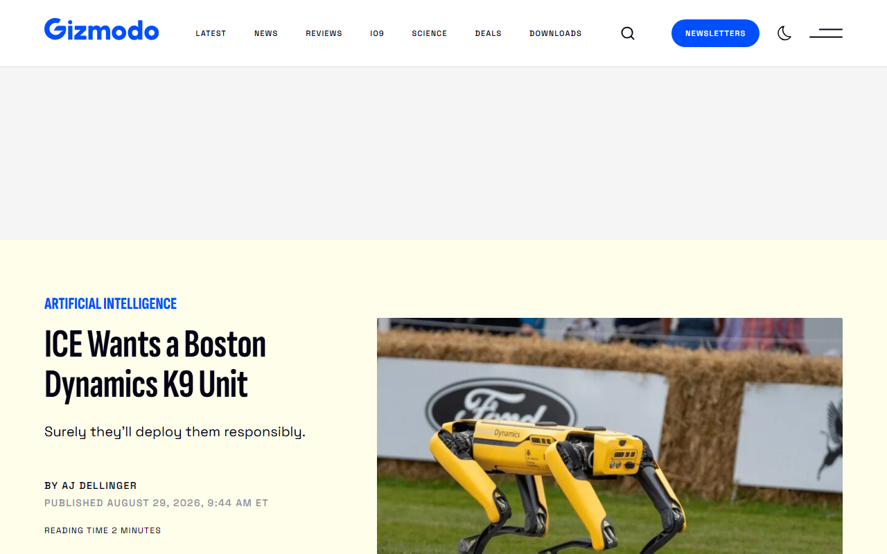 Screenshot of Gizmodo's report on ICE's plan to buy Boston Dynamics Spot robot dogs for immigration operations