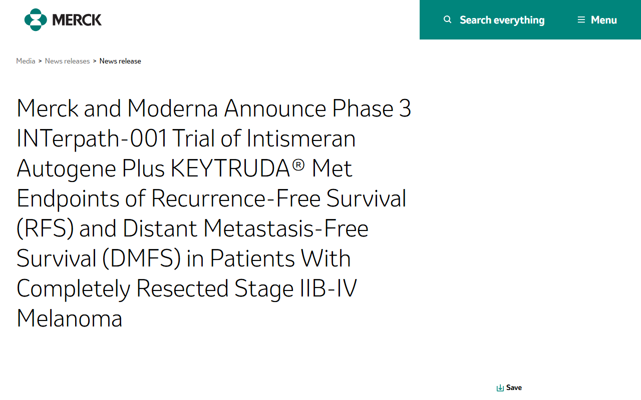 Screenshot of Merck's August 19, 2026 announcement of the Phase 3 INTerpath-001 cancer-vaccine results