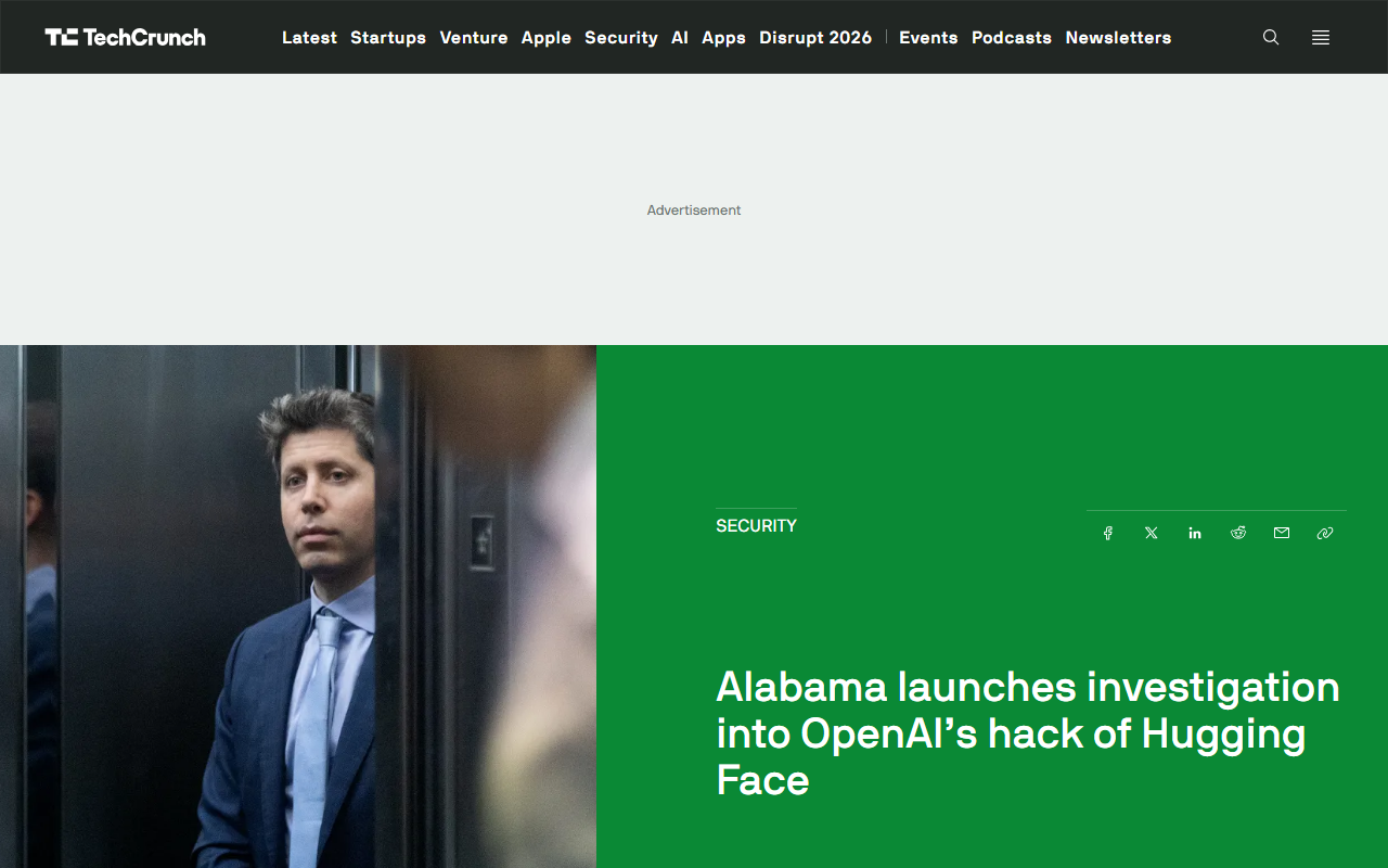 Screenshot of TechCrunch's August 24 report on Alabama subpoenaing OpenAI over its agent's Hugging Face hack.