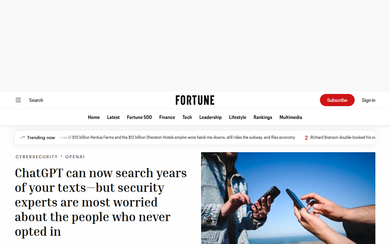 Screenshot of Fortune's August 26 report on ChatGPT's Mac Messages plugin and its privacy risks.
