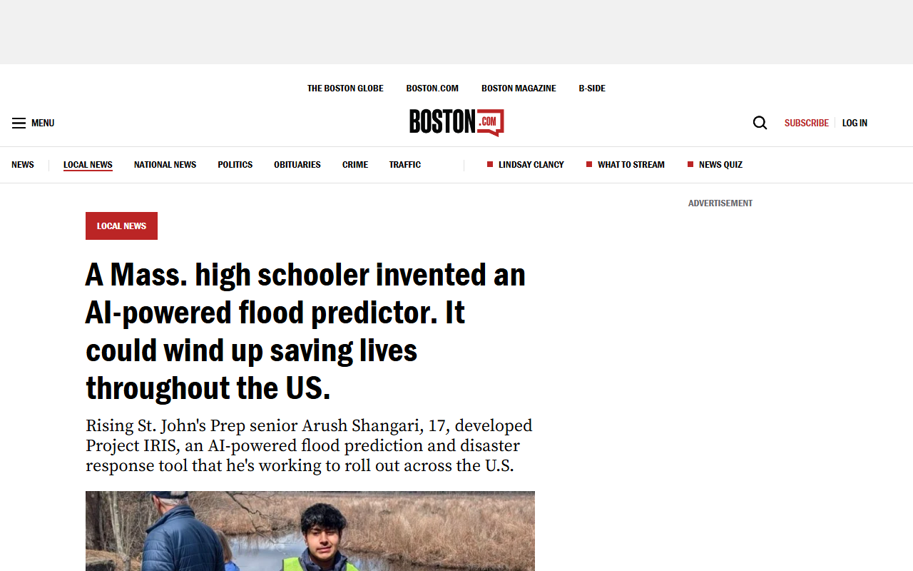 Screenshot of Boston.com's report on 17-year-old Arush Shangari's Project IRIS flood-warning AI.
