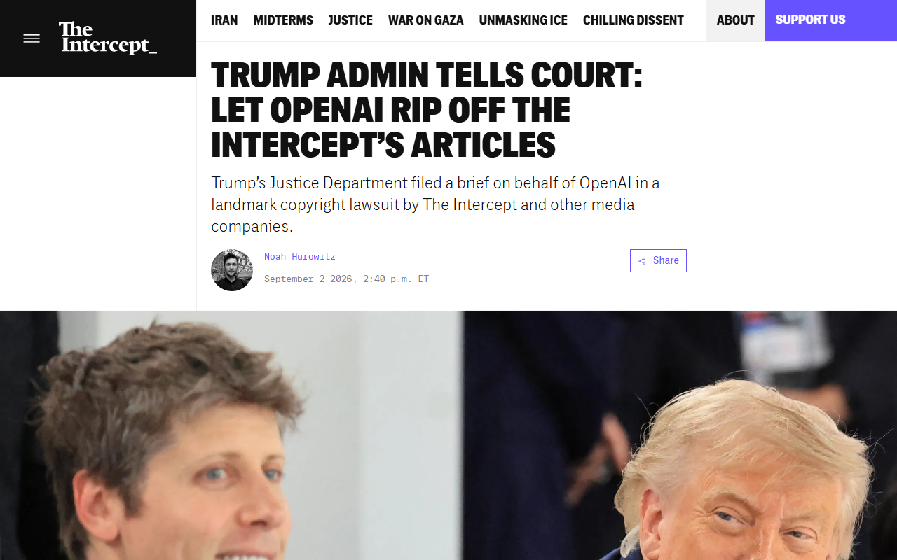 Screenshot of The Intercept's September 2 report on the DOJ backing OpenAI in the NYT copyright case