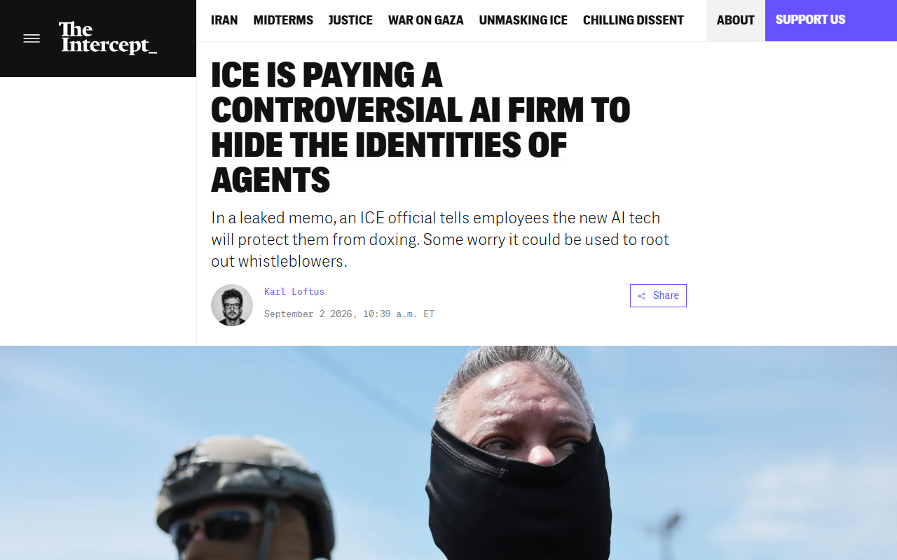 Screenshot of The Intercept's September 2 story on ICE's $15M ZeroFox doxing-mitigation contract