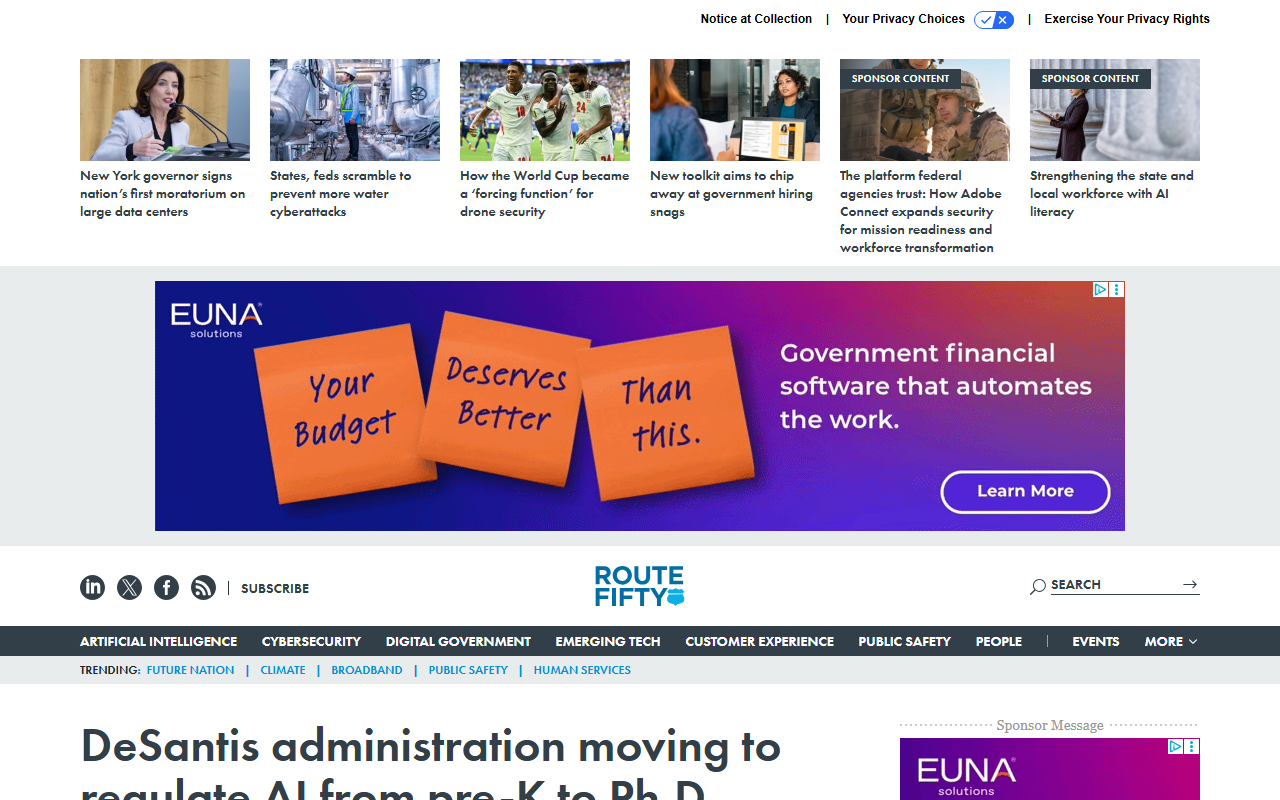 Screenshot of Route Fifty's report on Florida's proposed K-12 and college AI policy rule