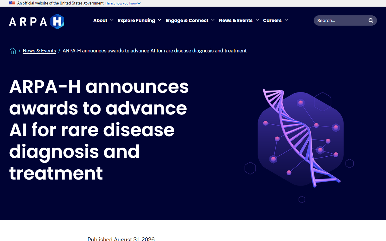 Screenshot of the ARPA-H announcement of the $98.5M RAPID rare-disease AI program