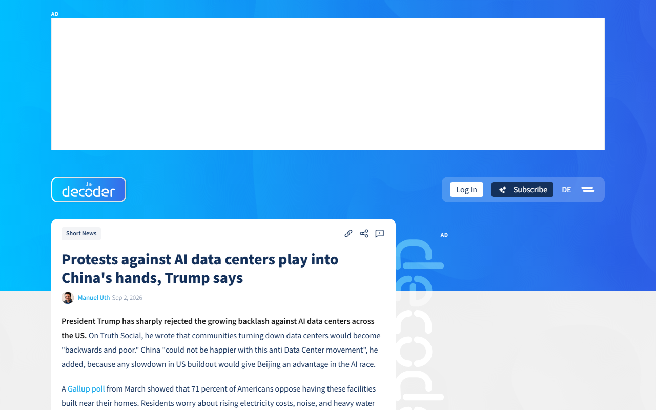 Screenshot of The Decoder's report on President Trump attacking local opposition to AI data centers.