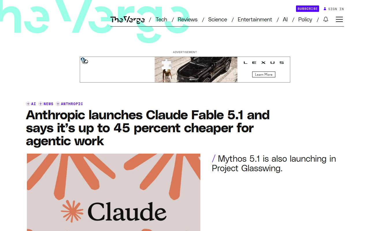 Screenshot of The Verge's report on Anthropic's Claude Fable 5.1 price cut and safeguard changes.