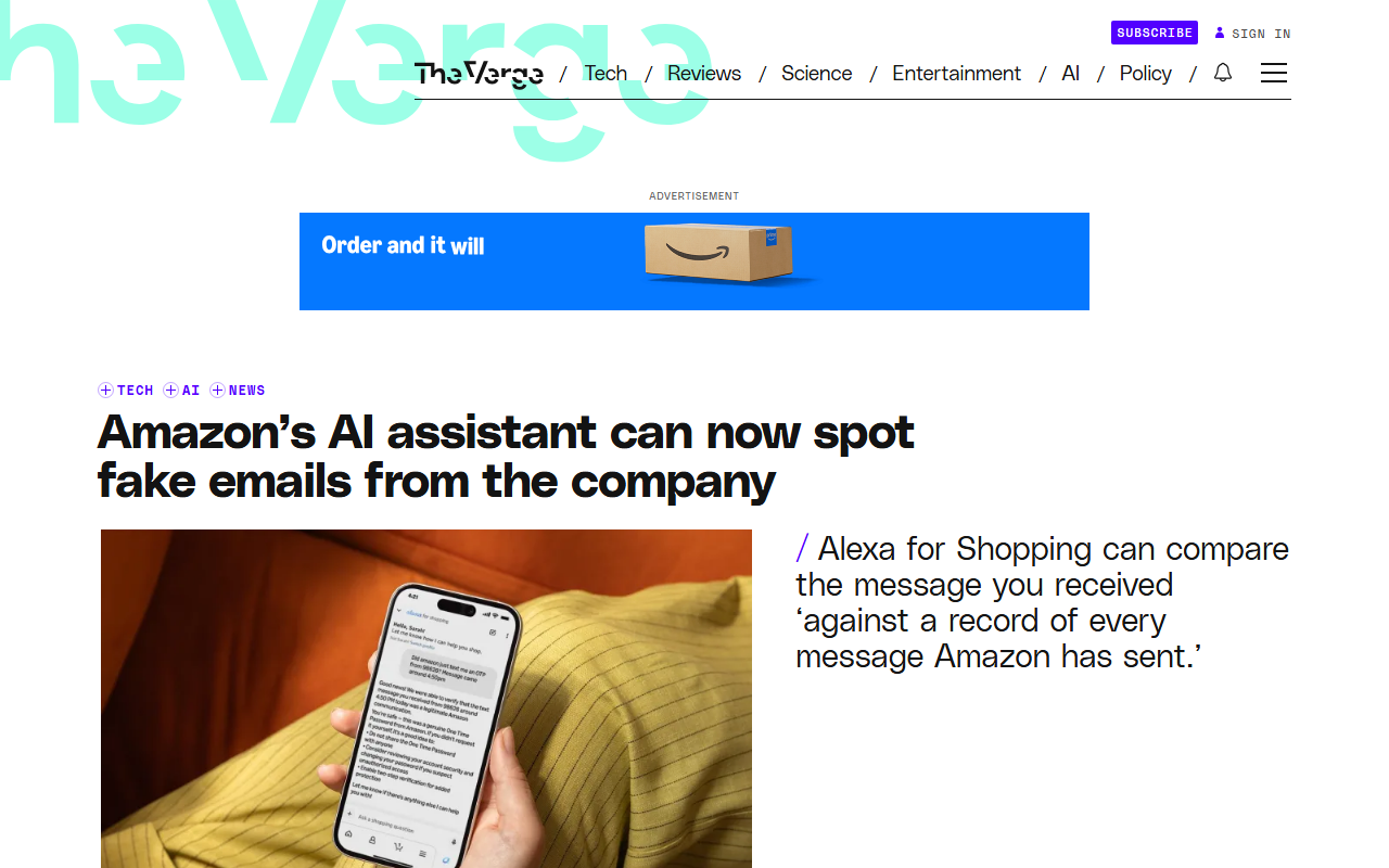 Screenshot of The Verge's report on Amazon's Alexa tool for spotting fake Amazon messages.