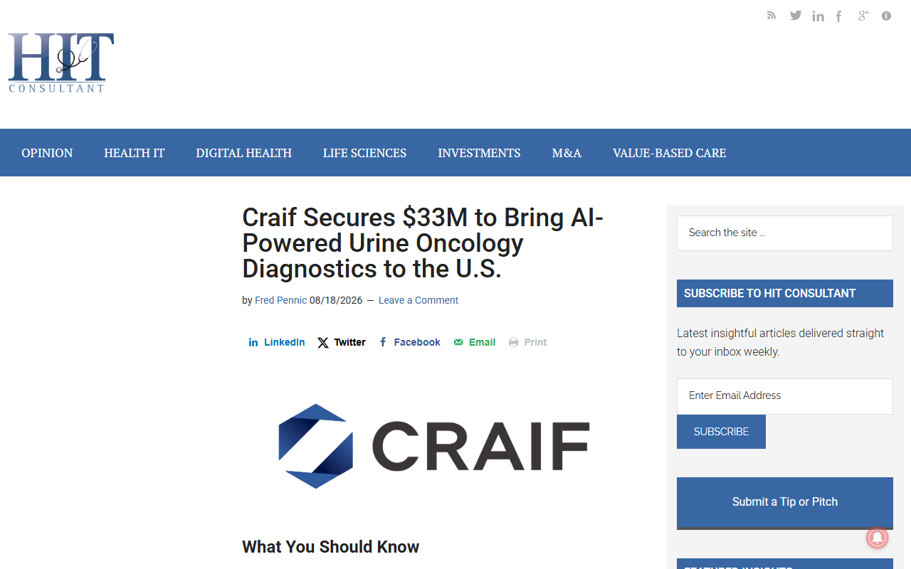 Screenshot of a HIT Consultant report on Craif's $33 million round for its urine-based cancer test.
