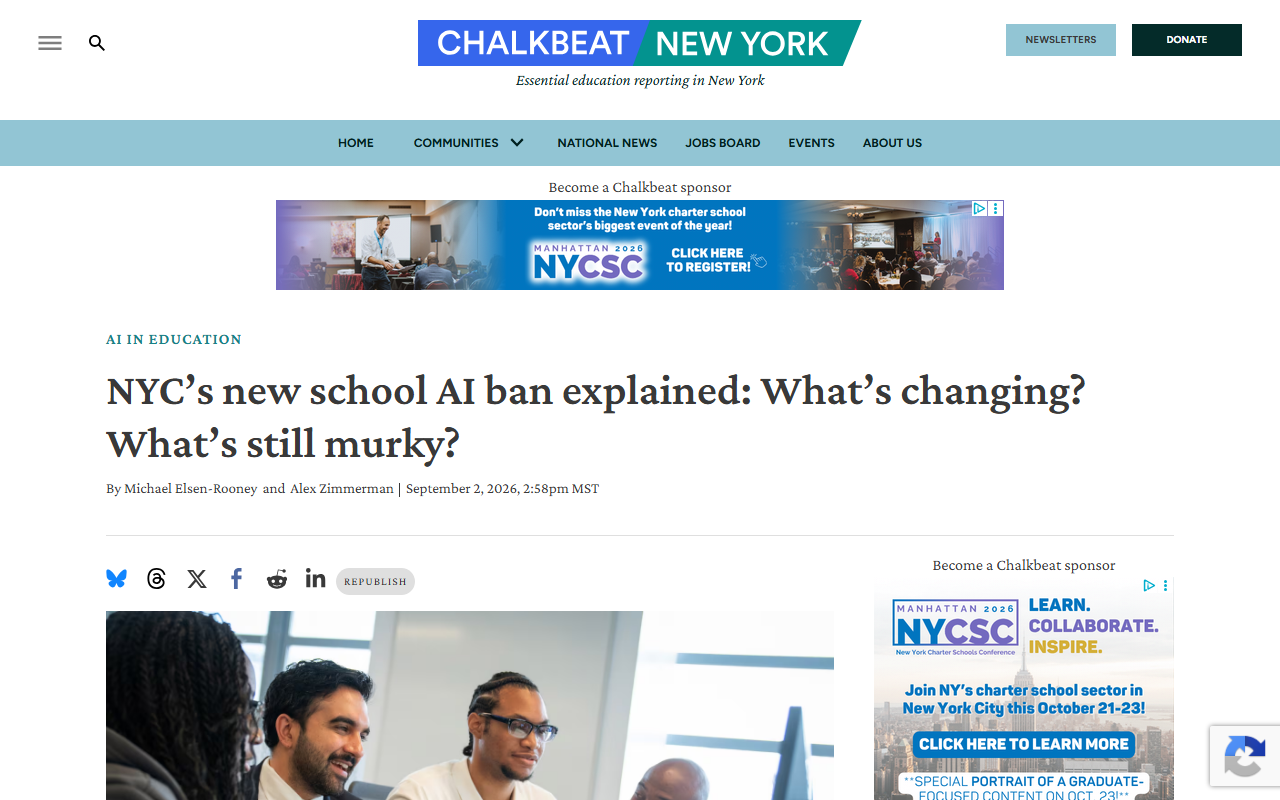 Screenshot of Chalkbeat's September 2, 2026 report on New York City's pre-K through 8th grade generative-AI moratorium