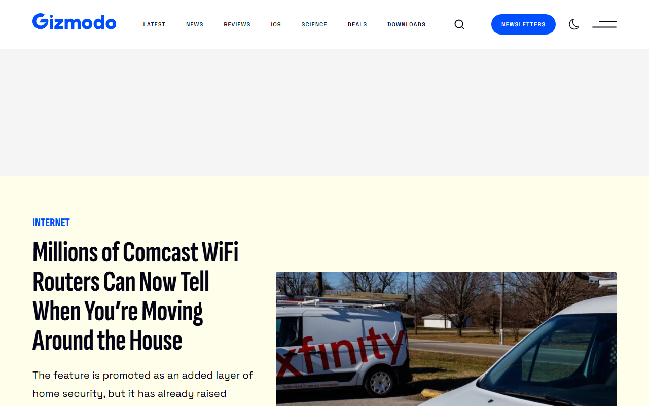 Screenshot of Gizmodo's report on Comcast's Xfinity WiFi Motion home-movement detection