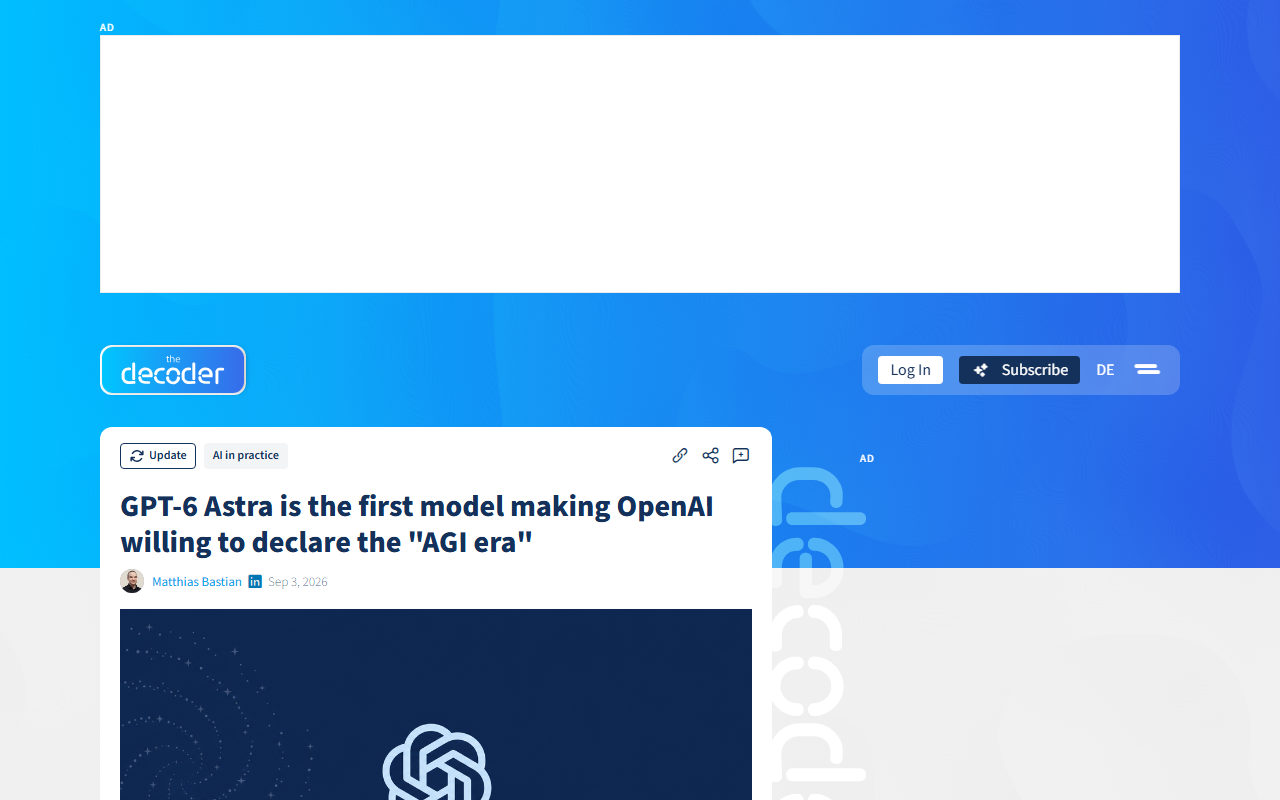 Screenshot of The Decoder's September 3, 2026 report on OpenAI's GPT-6 Astra launch and the AGI-era claim