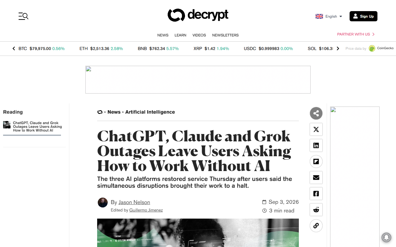 Screenshot of Decrypt's September 3, 2026 report on the simultaneous ChatGPT, Claude and Grok outages