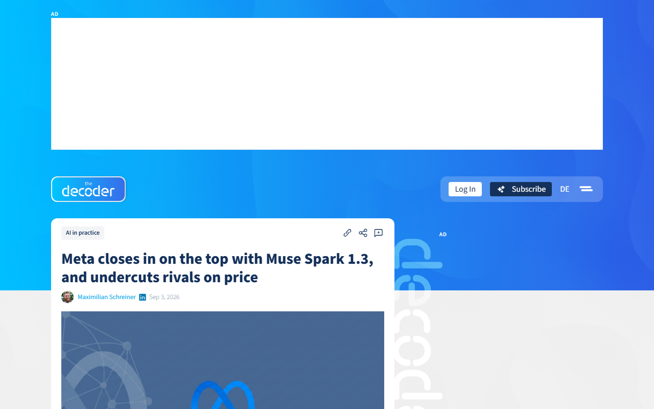 Screenshot of The Decoder's September 3, 2026 report on Meta's Muse Spark 1.3 and its price undercut