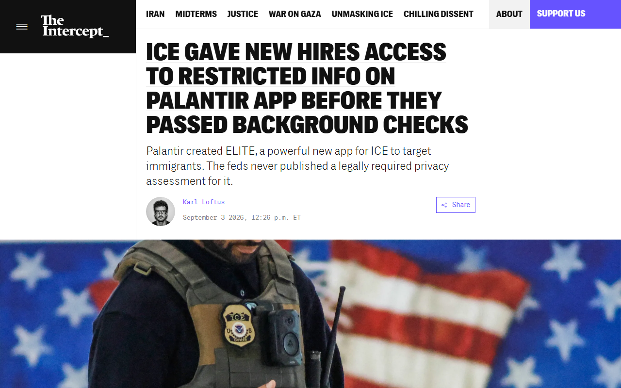 Screenshot of The Intercept's September 3, 2026 report on ICE's ELITE app and the skipped privacy review