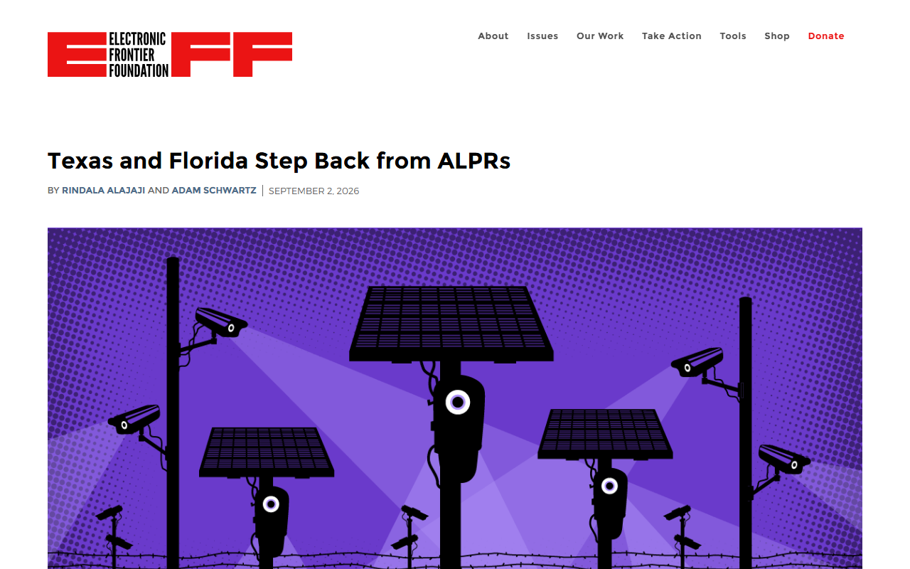 Screenshot of the EFF's September 2, 2026 post on Texas and Florida stepping back from license-plate readers