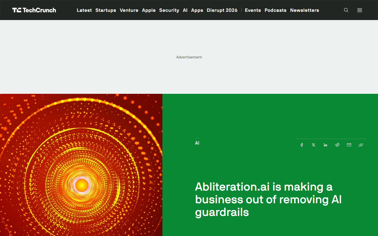 Screenshot of TechCrunch's September 3, 2026 report on Abliteration.ai selling guardrail-free AI access