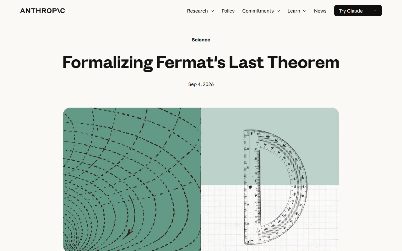 Screenshot of Anthropic's research post on formalizing Fermat's Last Theorem with Claude