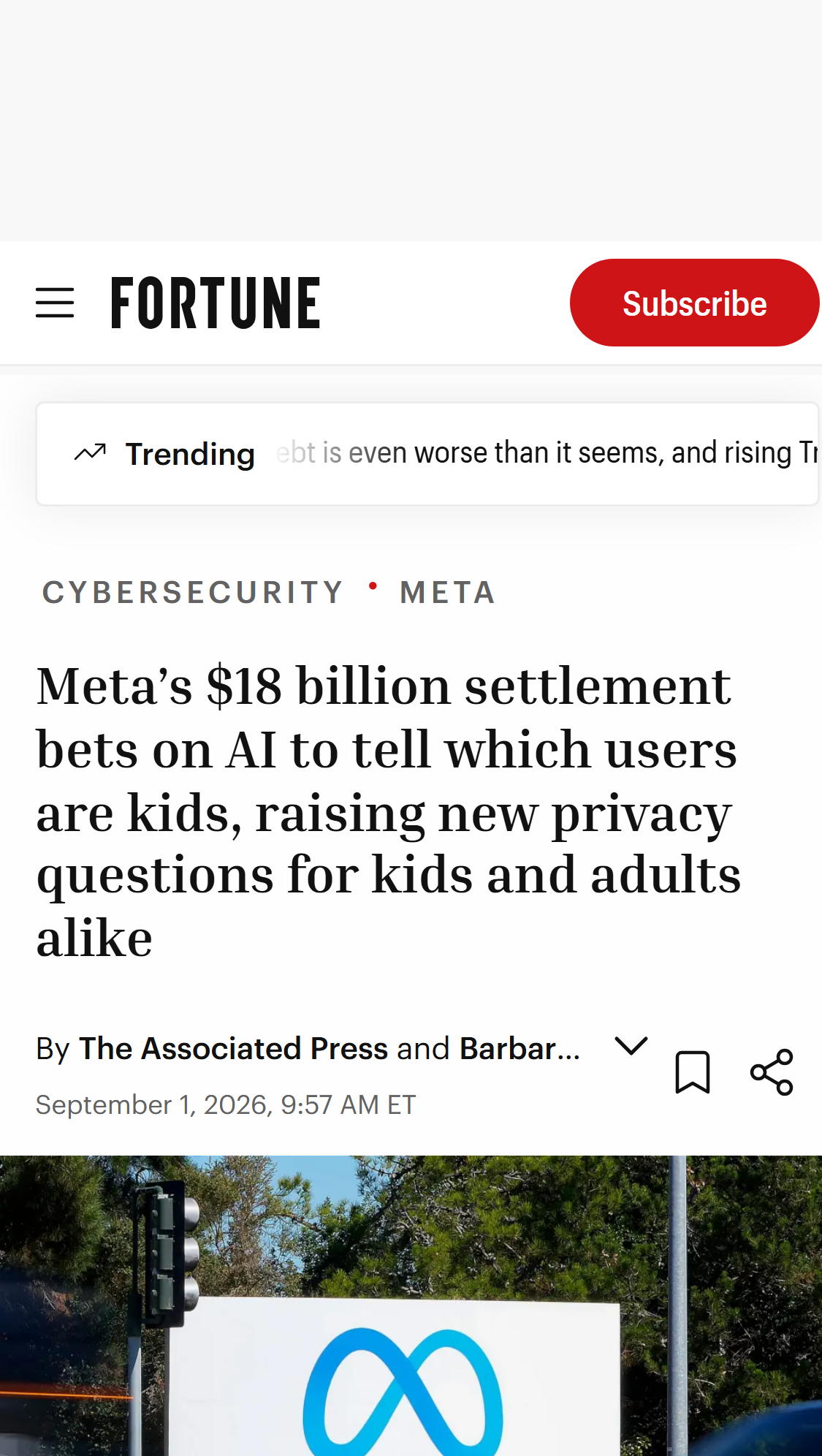 Screenshot of Fortune's September 1, 2026 report on Meta's $18 billion settlement and its AI age-checking requirement