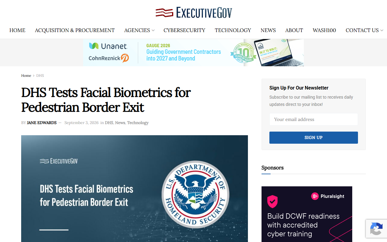 Screenshot of ExecutiveGov's September 3, 2026 report on DHS walk-through facial biometrics at the Progreso border bridge