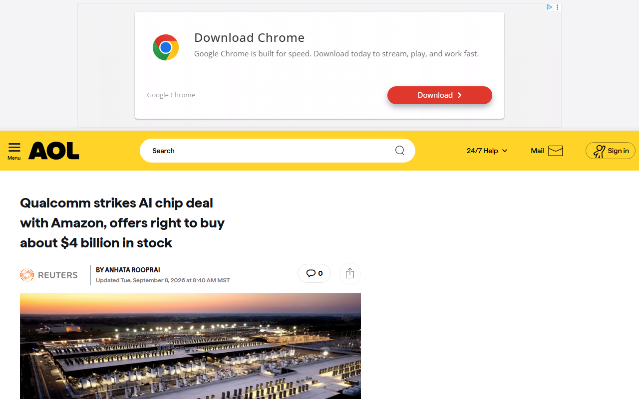 Screenshot of AOL/Reuters' September 8, 2026 report on Amazon agreeing to buy up to $60 billion of Qualcomm's AI chips