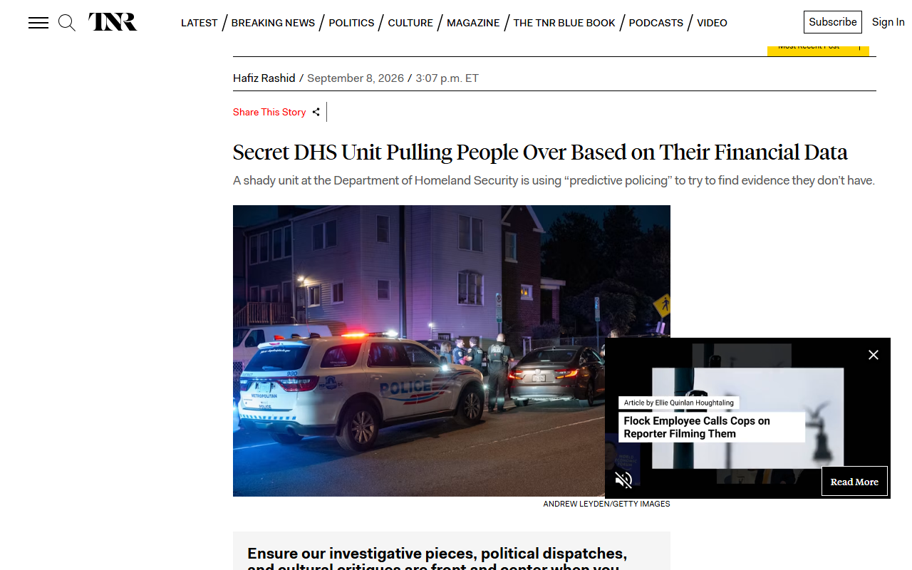 Screenshot of The New Republic's September 8, 2026 report on the secret DHS predictive-policing unit using financial data