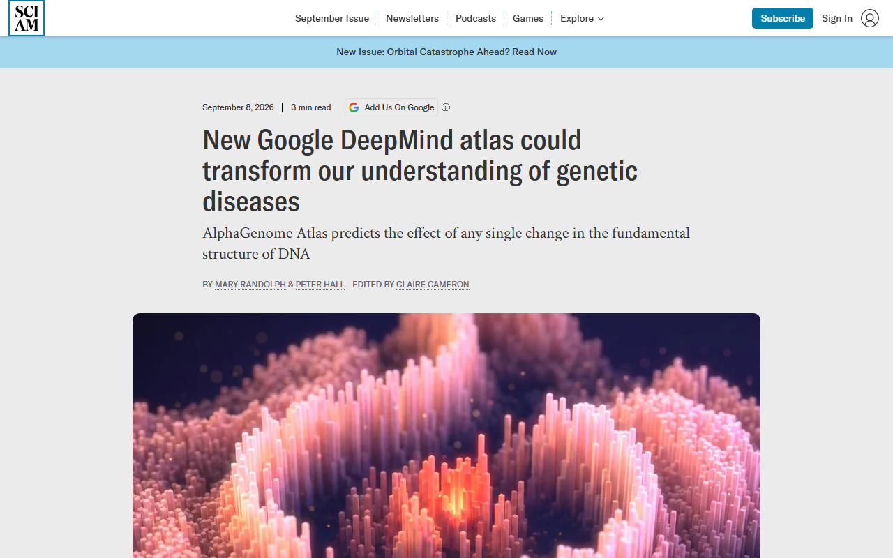 Screenshot of Scientific American's September 8, 2026 report on Google DeepMind's AlphaGenome Atlas genome-variant map