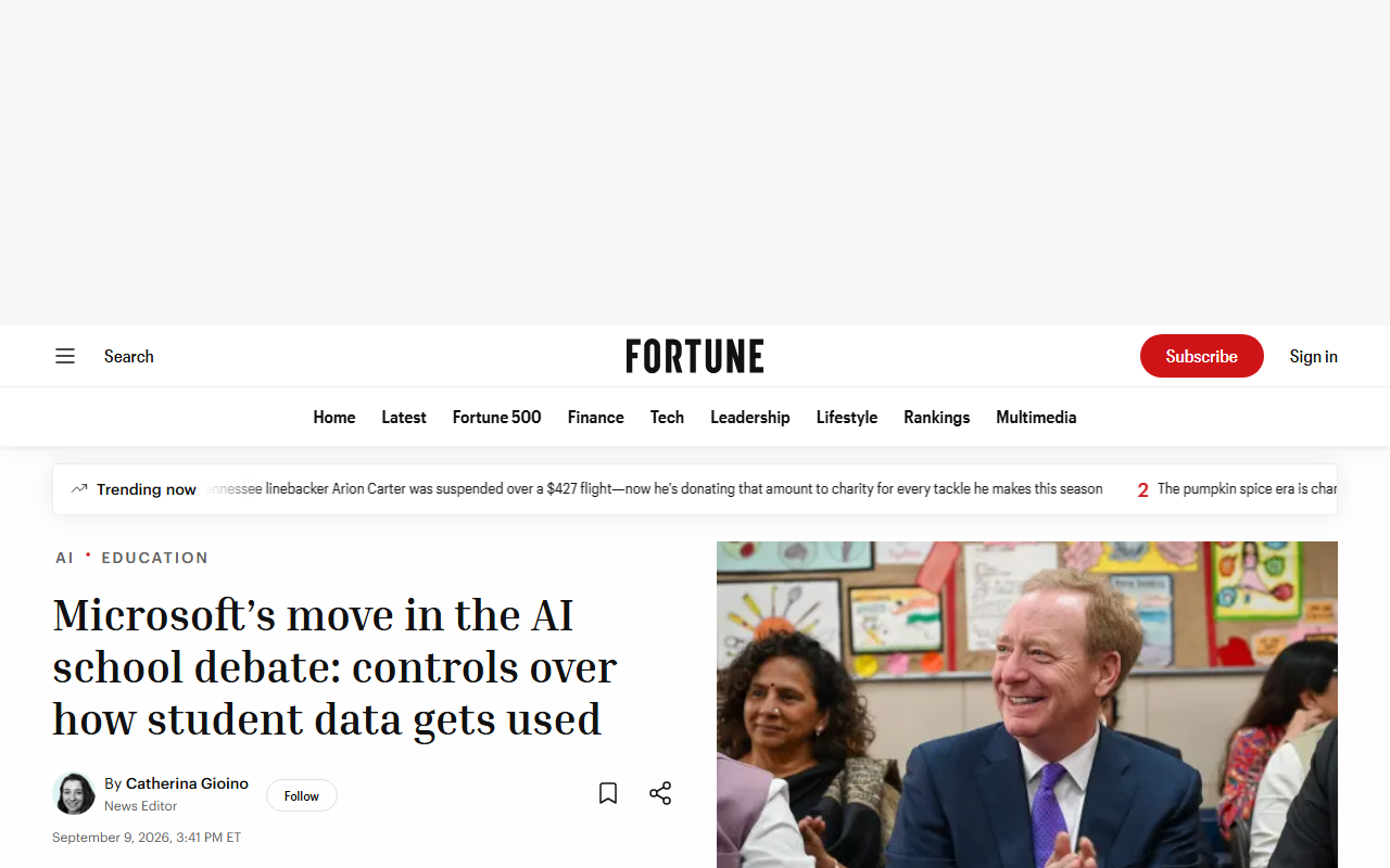 Screenshot of Fortune's September 9, 2026 report on Microsoft's enforceable AI privacy standard for schools
